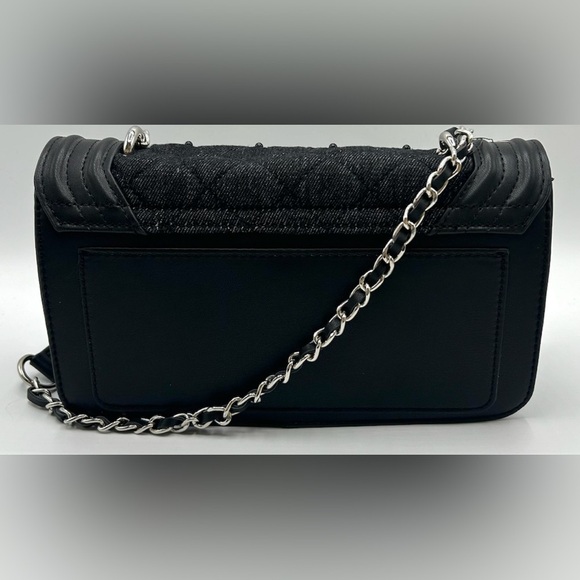 Badgley Mischka Black Denim Diamond Quilted Leather Chain Beaded Crossbody NWT - Picture 4 of 7